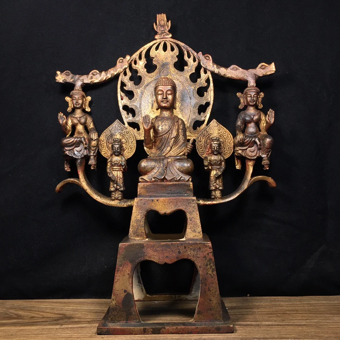 

15"Tibetan Temple Collection Old Bronze Cinnabar Mud gold Northern Wei Buddha Sakyamuni Amitabha Five Buddhas Sitting Buddha