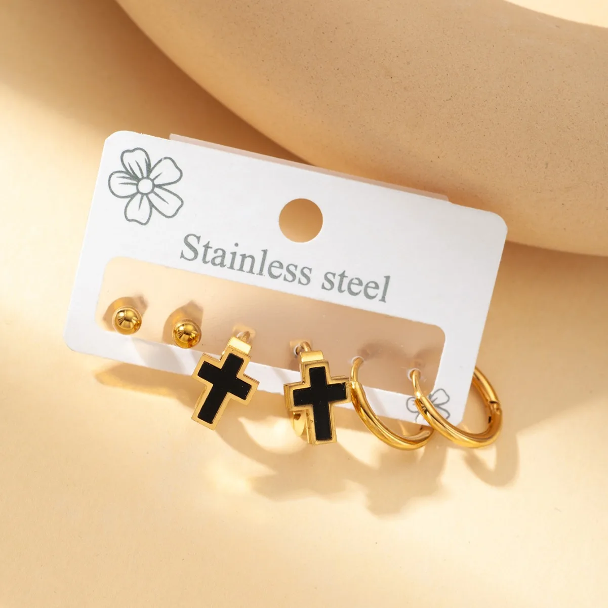 Trendy Titanium Stainless Steel Star Flower Cross Earrings Jewelry 3Pair/Set Earrings For Women Girls 2