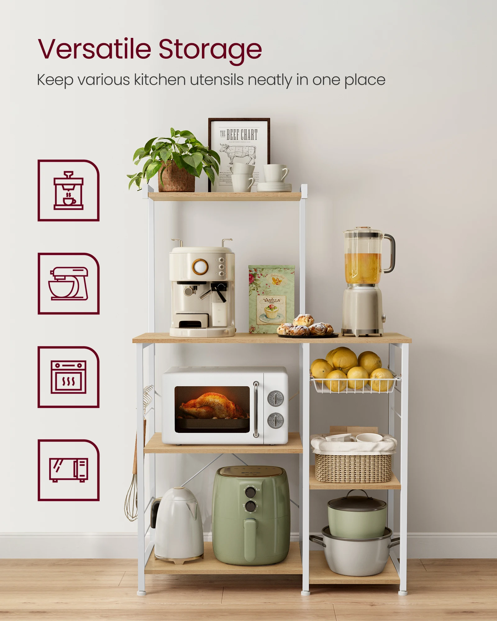 VASAGLE Baker's Rack, Microwave Stand, Kitchen Storage Rack with Wire Basket, 6 Hooks, and Shelves, for Spices, Pots 2