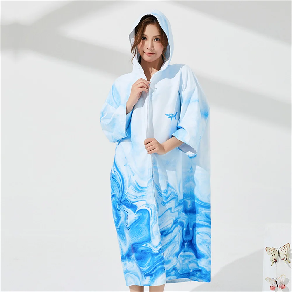 Adult Microfiber Hooded Beach Poncho Quick-Dry Beach Towel Double-Sided Plush Zipper Surfing Poncho Men Women Changing Bathrobe