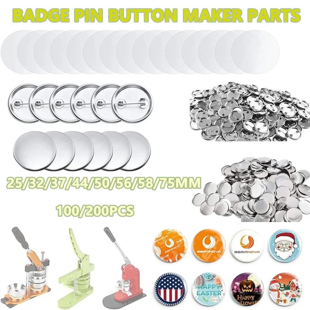Badge Parts Button Making Supplies 100/200 Sets Button Making Supplies, 25-75MM Metal Blank Button Badge Parts, Badge maker parts for DIY Making Iron-Base Badges Set