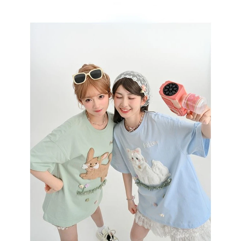 

Y2K T-shirt Short Sleeve Mint Green Girl Puppy Patch Embroidery Women's Tees Street Style Kawaii Loose Cute Floral Lace New Tops