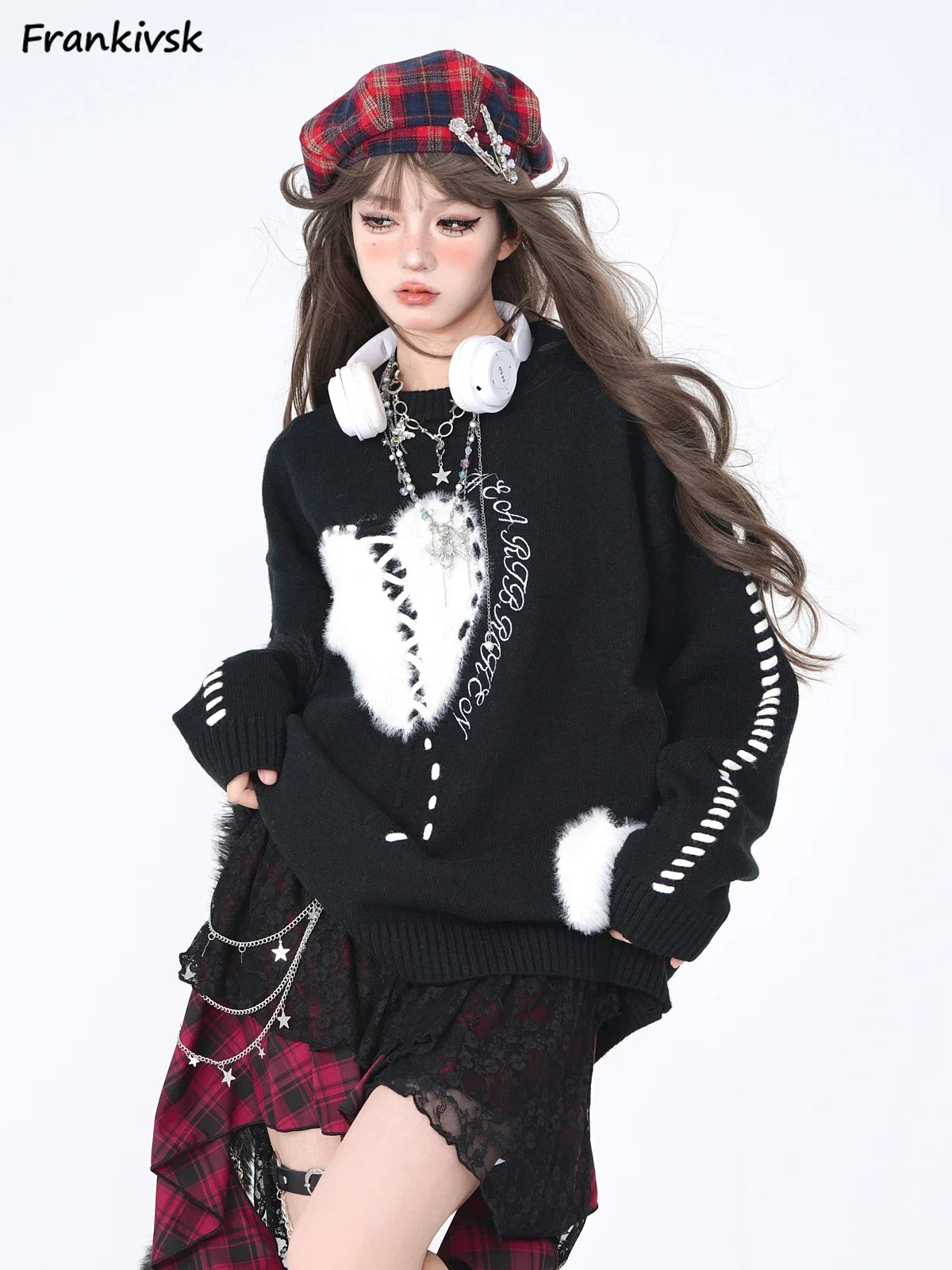 

Gothic Sweaters Women Vintage Bandage Advanced American Style Retro Youthful Vitality High Street Panelled Spliced All-match