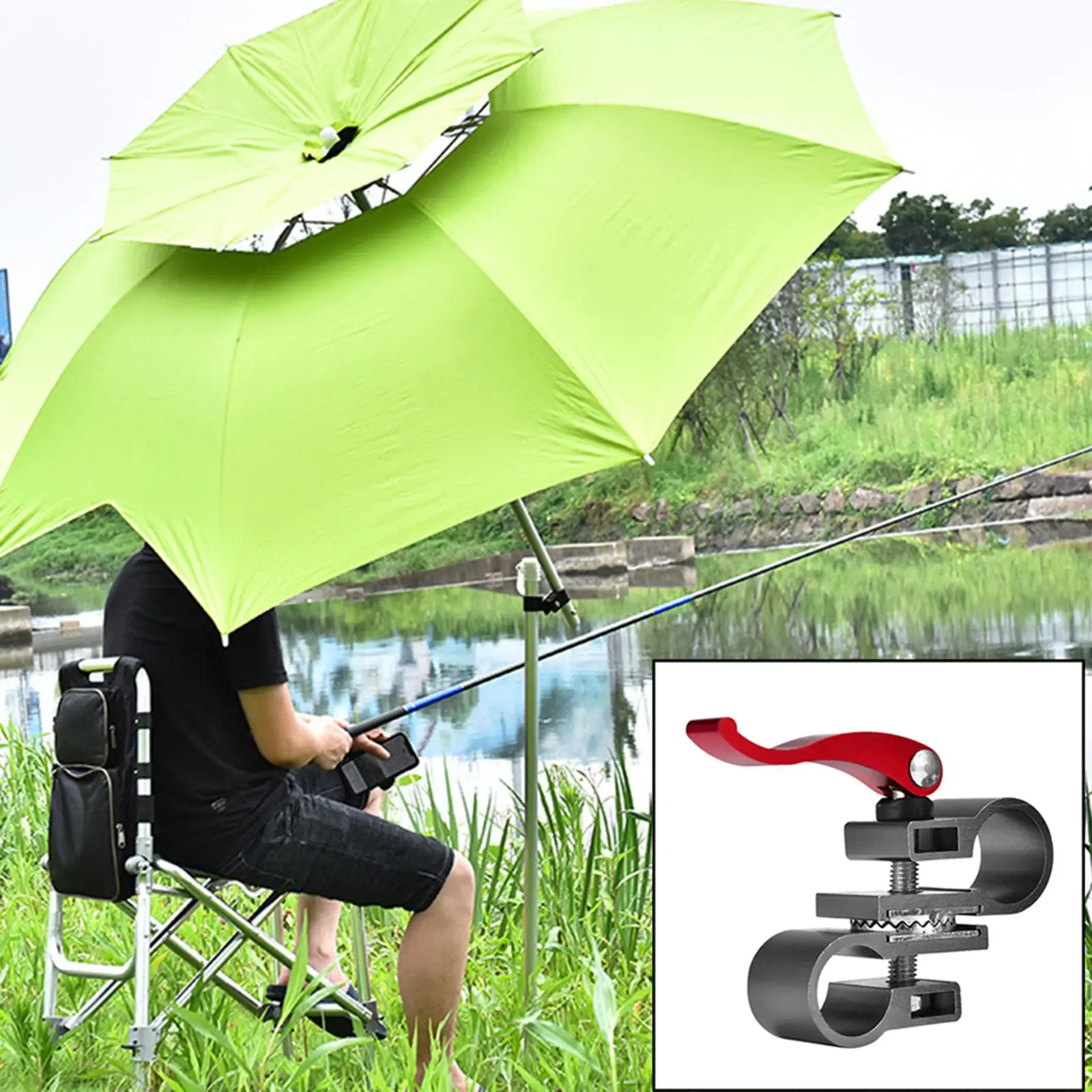 Fishing Chair Clamp Umbrella Mount Clip Beach Outdoor Fishing Chair  Umbrella Holder(1pcs, Black + Red)