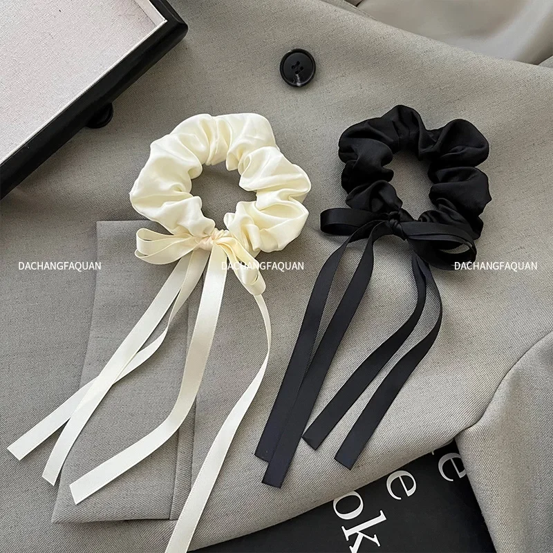 French Hairrope With Satin Ribbon Bow Scrunchies Ponytail Hair Scarf HairTie Elastic Hair Rubber Bands Hair Accessories