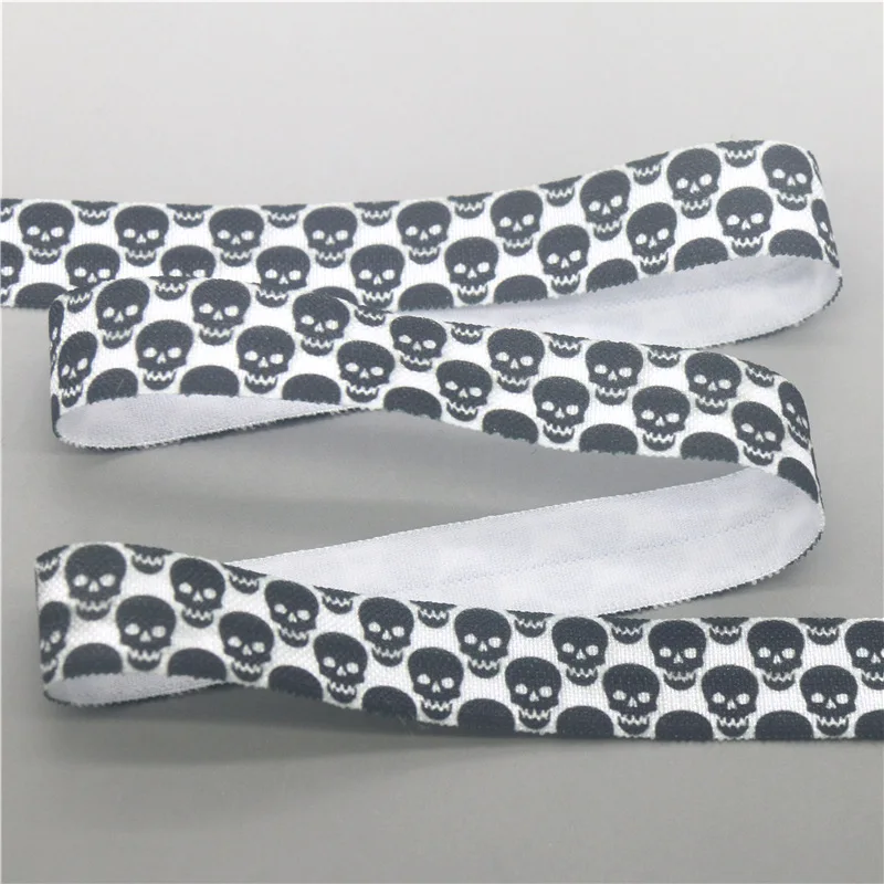 DHK 5/8'' 5yards Skull Printed Fold Elastic FOE Stretch Ribbon Hairbow Accessories Craft DIY Sewing E