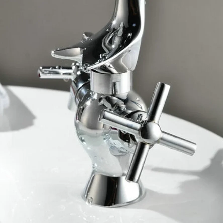 Chrome Polished Brass Basin Mixer Tap Dual Handle Hot and Cold Faucet Dolphin style bath mixer terneira faucet