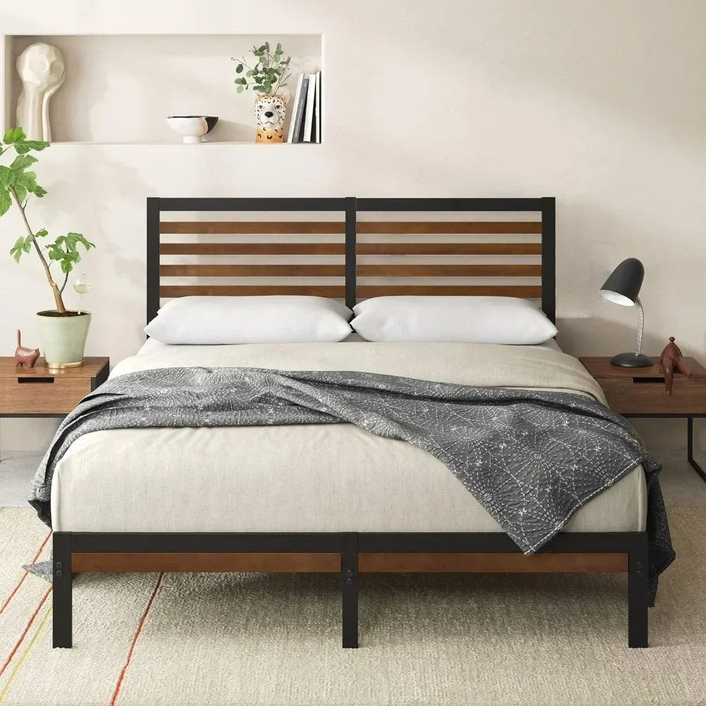 Bedroom furniture bamboo metal platform bed frame with headboard / no spring required / easy to assemble, large, brown