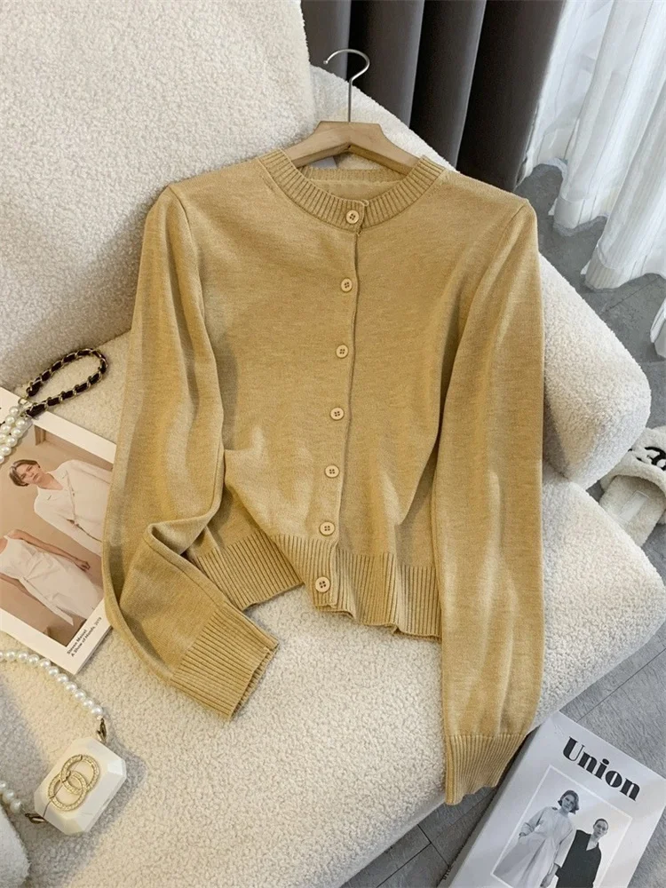 Female Sweater Knit Cardigan Coat Casual Loose Long Sleeve Patchwork Solid Scoop Neck Outwear Autumn Knitwear Coat Ladies