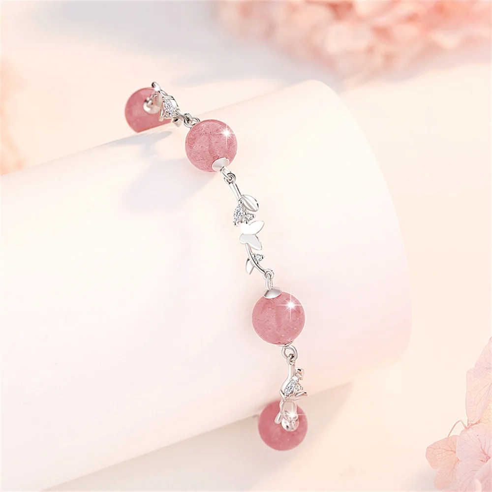 Charm Bohemia 925 Sterling Silver Fashion Pink Natural Bead Strawberry Crystal Chain Butterfly Bracelet For Women Trendy Jewelry