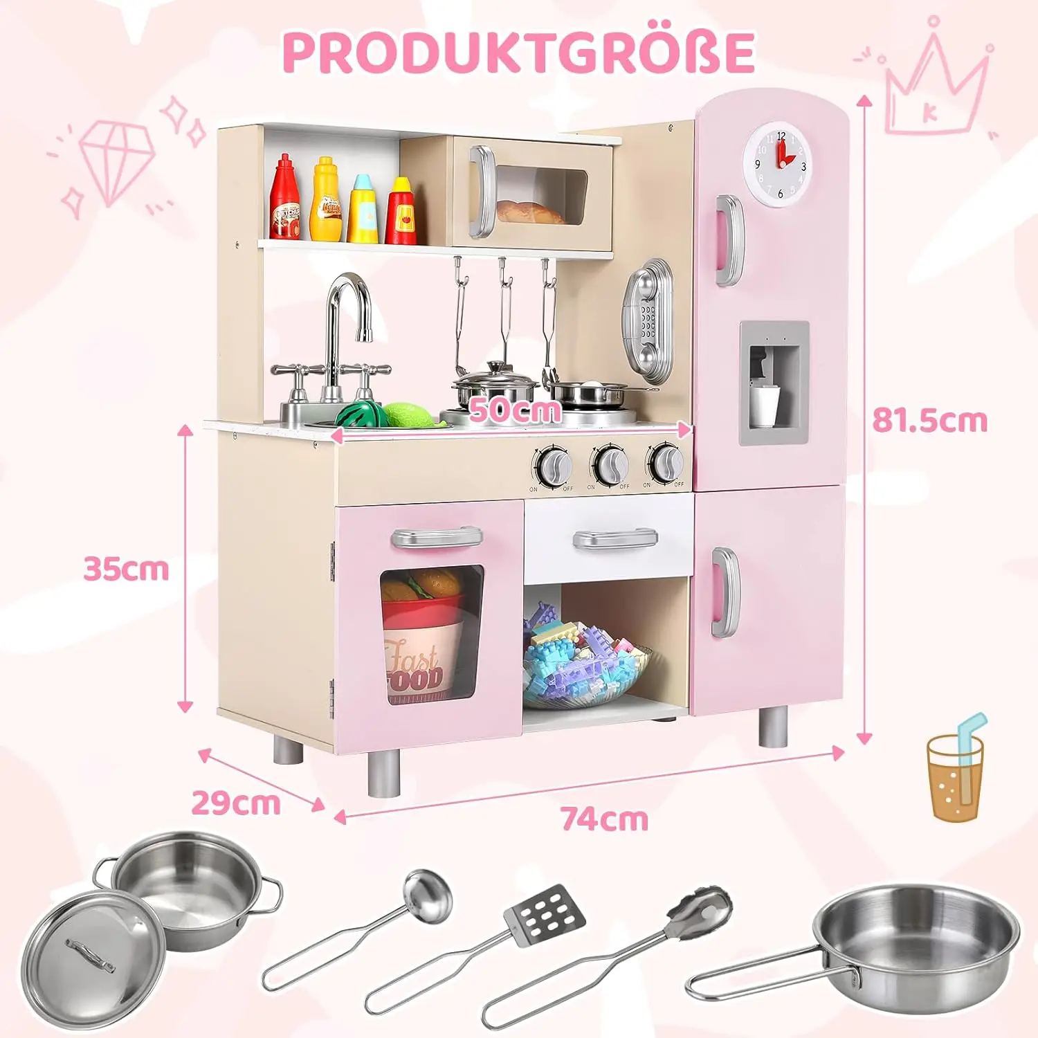Wooden Play Kitchen Set Pretend Play Kitchen with Lights and Sounds for Kids Ages 3+, Includes Stove Oven Microwave Coffee Maker 2