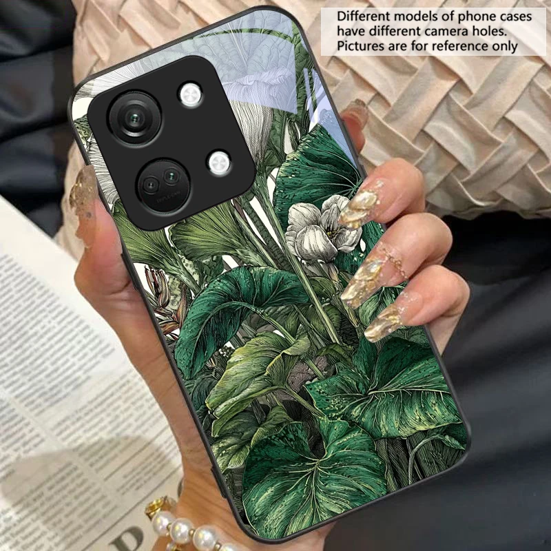 Green Tropical Plants Black Tempered Glass Phone Case