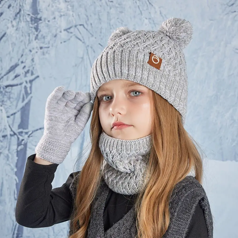 Fashion Winter Kids Hat Gloves Scarf Set Warm Knit Beanie Hat with Pom Thickened Children Fleece Lined Set