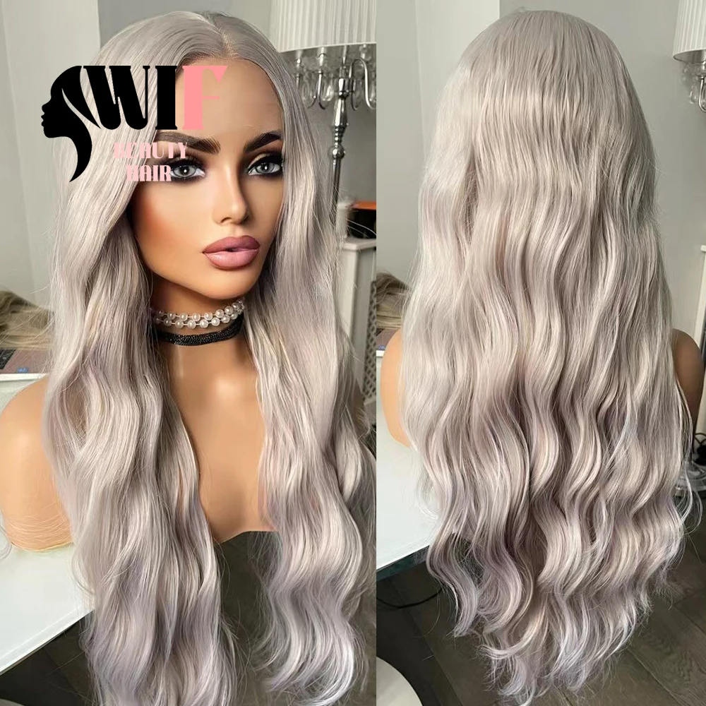 

WIF Silver Grey Synthetic Lace Front Wig Long Wavy Grey Synthetic Body Wave Hair Lace Wigs Women Heat Fiber Cosplay Daily Use