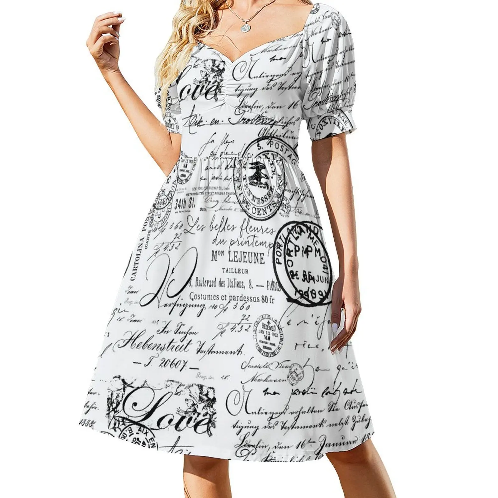 thumbnail image 1 of Vestido de manga corta con efímeras y escritura a mano en blanco y negro Ropa femenina Vestido femenino Vestido, 1 of 7