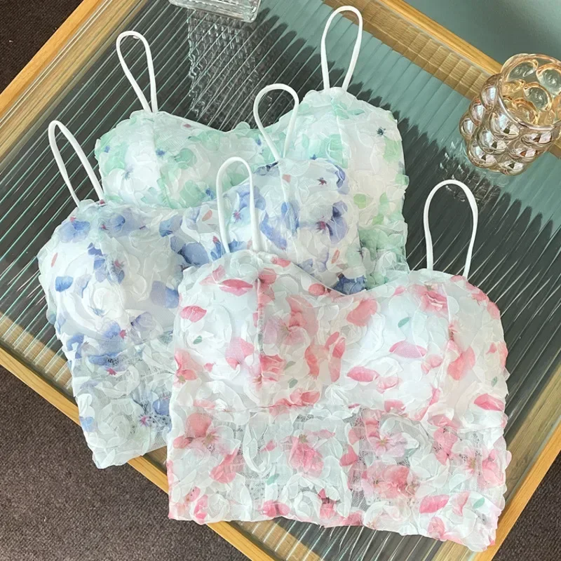 2025 Summer Sweet Floral Corset Vest Office Lady Beach Style Sleeveless Blouse Women Vintage Lace Slim Crop Top Korean Fashion