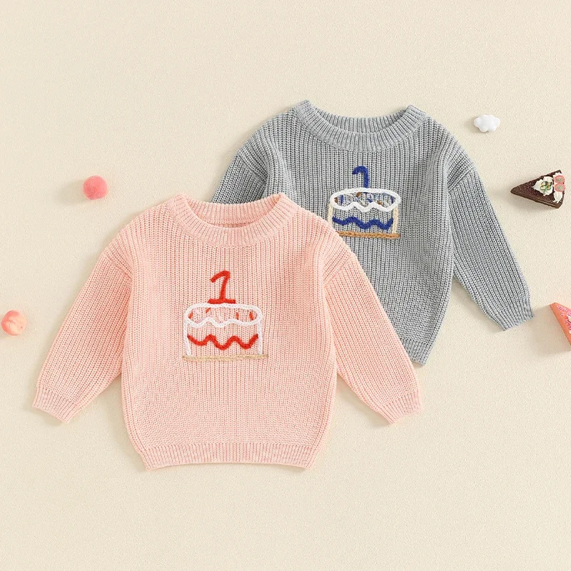 Infant Baby Girl Boys 1st Birthday Outfit Sweater Cake Embroidery Knit Pullover Sweatshirt Fall Winter Clothes