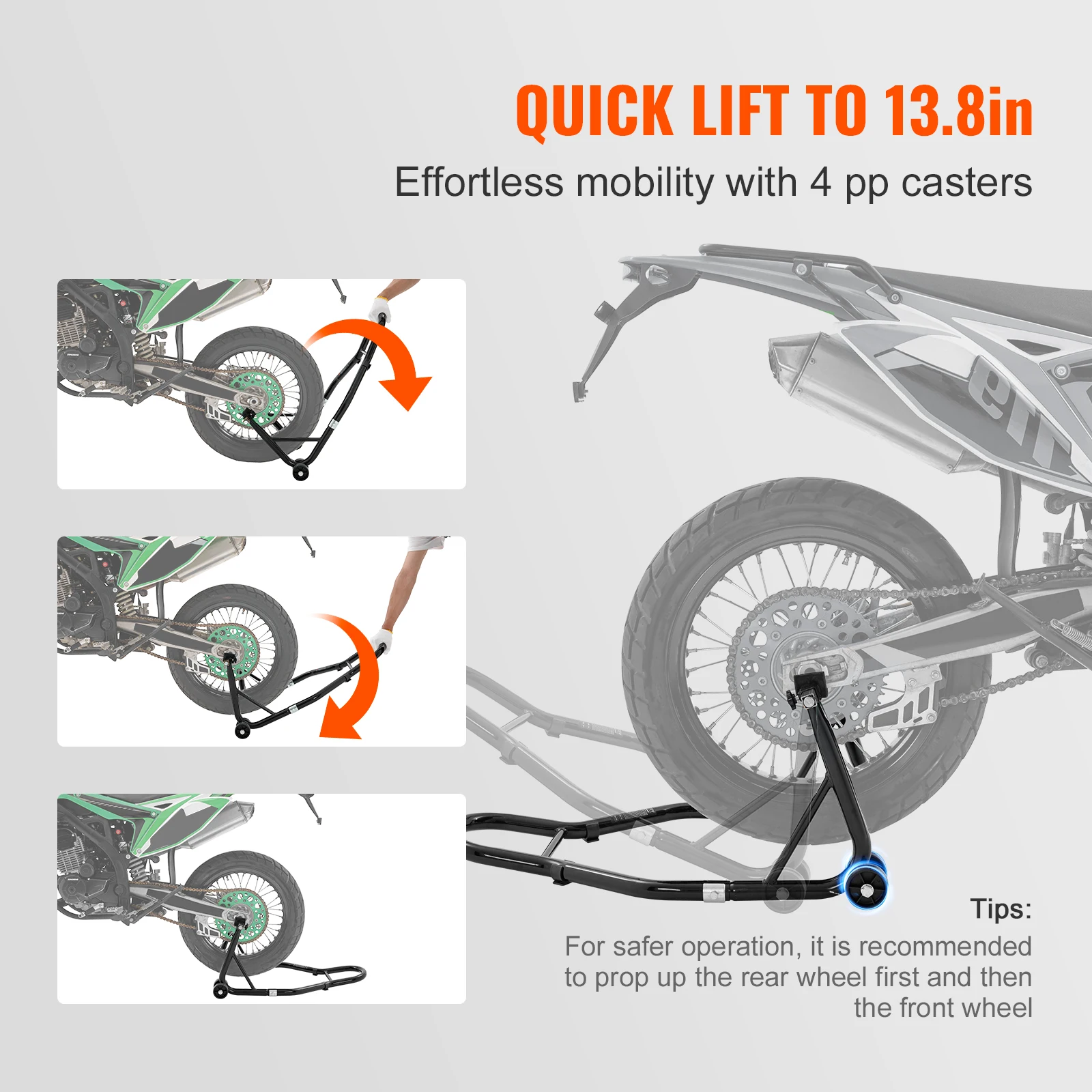 Motorcycle Rear Wheel Stand 390kg Capacity With U + L Fork Swingarm Spool