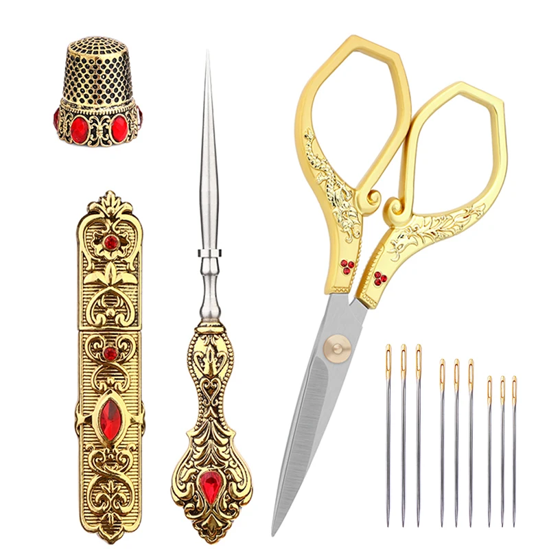 

RORGETO Retro Scissors Set Gold Exquisite Vintage Scissor Awl Needle with Storage Thimble Embroidery Tailor Sewing Supplies