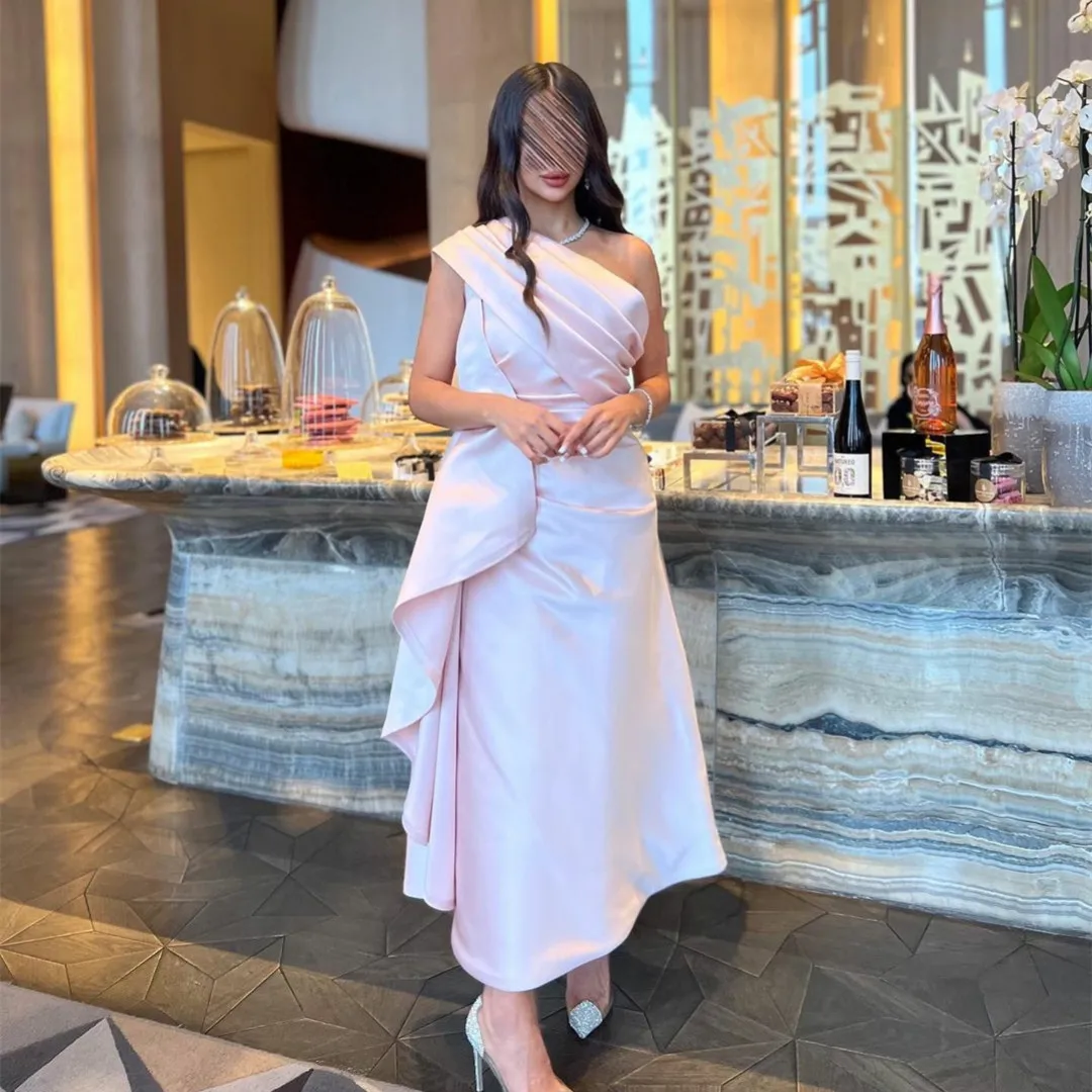 

Elegant Short Pink Satin Evening Dresses With Ruffles فساتين السهرة Sheath One Shoulder Ankle Length Prom Dress for Women