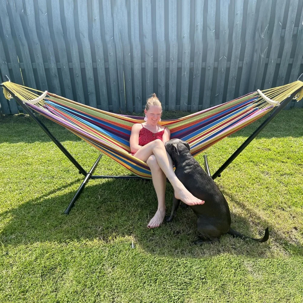 Double Hammock with Stand Capacity Steel Stand, Premium Carry Bag Included and Two Anti Roll Balance Beam, Hammocks 2