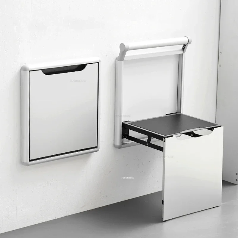 Aluminum Bathroom Bath Chair Creative Invisible Wall-mounted Shower Seats Modern Folding Mute Shoe Changing Stool with Armrests 2