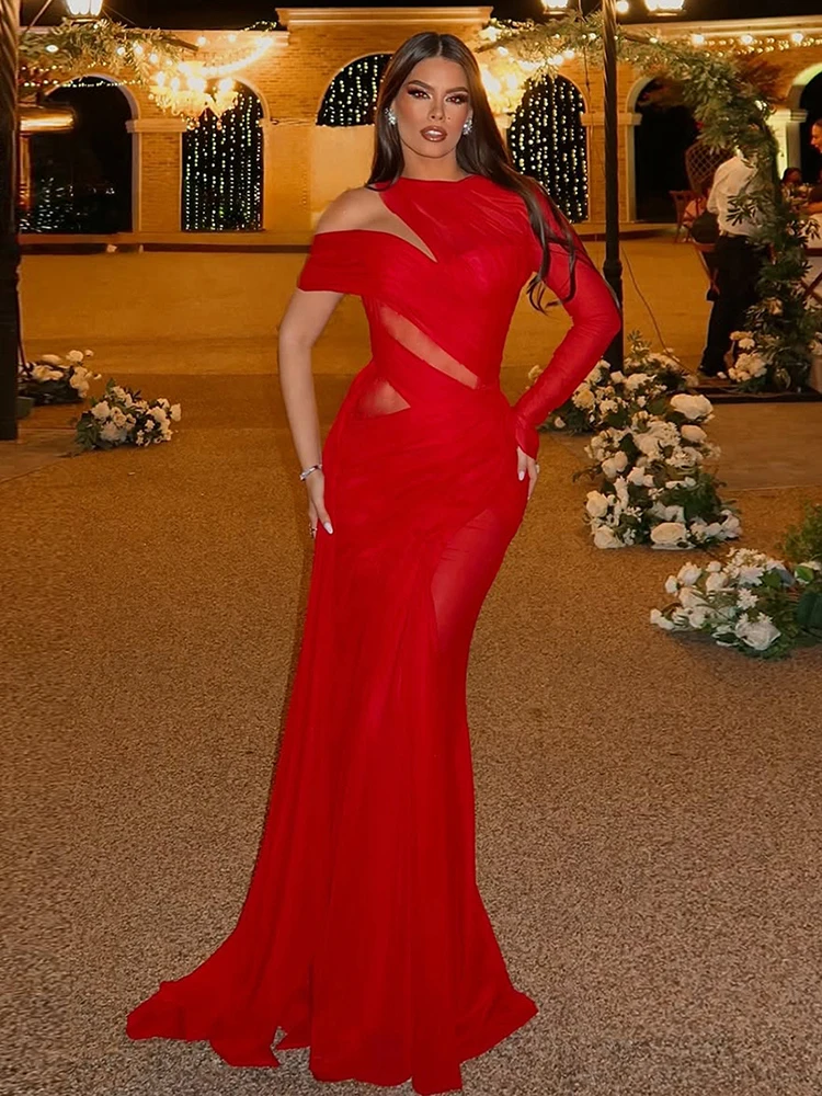 Nibber Ruched Elegant Mesh Patchwork Maxi Dresses Woman One Shoulder Backless Design Irregular Ribbon Midnight Party Vestidos