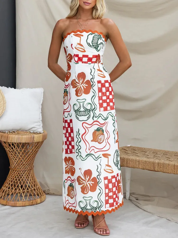 

Summer Women Sleeveless Printing Maxi Dress, Loungewear Strapless Fashion Sexy Party Dress, 2024 Patchwork Elegant Ladies Dress