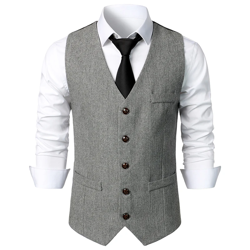 Mens Vest Slim Fit Sleeveless Wool Tweed Waistcoat Men Double Breasted Herringbone Tweed Vest Men Business Casual Gilet XXL dress vests