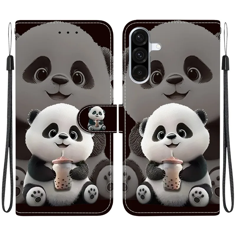 Leather Phone Cover with Lion and Panda Design - Wallet Flip Case with Card Protection