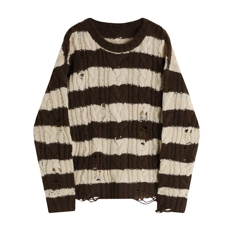 

Deeptown Korean Style Grunge Striped Oversize Sweater Women Vintage Harajuku Hollow Out Knitted Top Hippie Kpop Casual Jumper