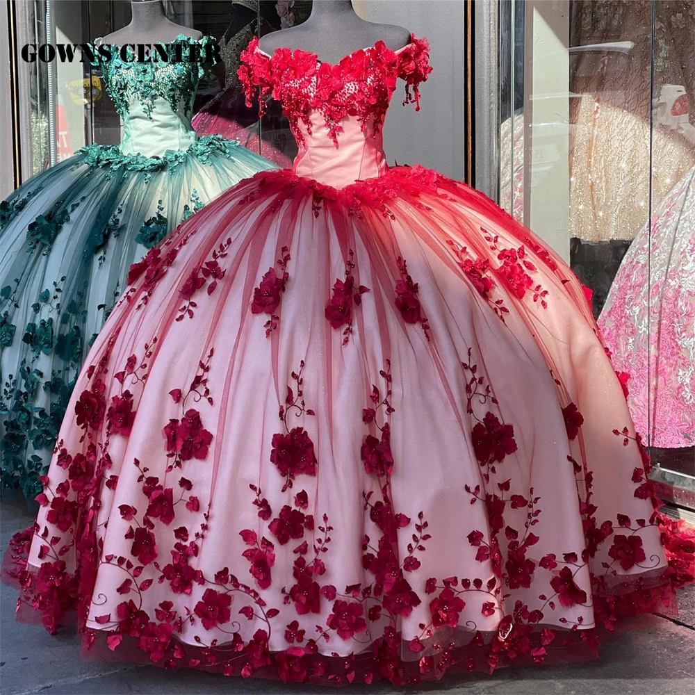 

Красные мексиканские платья Quinceanera с открытыми плечами 3D Цветы милые 16 платьев бальное платье с бисером винтажные платья на день рождения платья