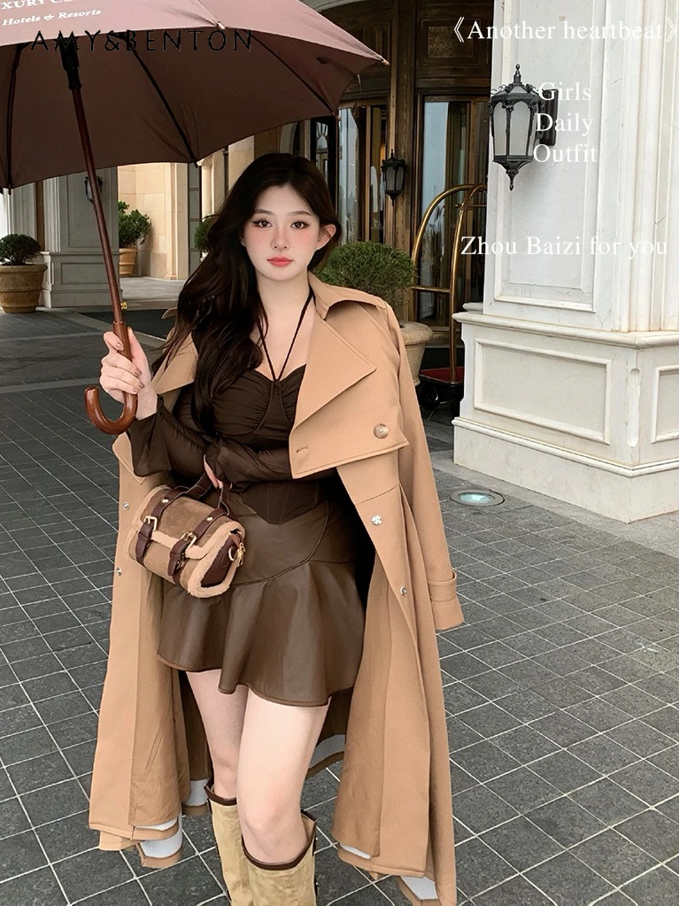

Retro Cross Collar Irregular Pleated Midi Trench Coat OL Elegant All Match Professional Jacket Slim Fit Winter Clothes Women