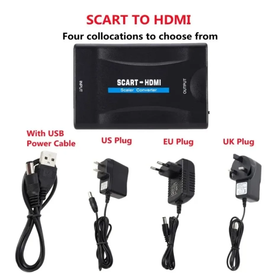 SCART To HDMI-compatible Video Audio Upscale Converter Adapter YIGETOHDE 1080P SCART To HDMI-compatible Video Audio Upscale Converter Adapter for HD TV DVD Sky Box STB Plug and Play DC Cable