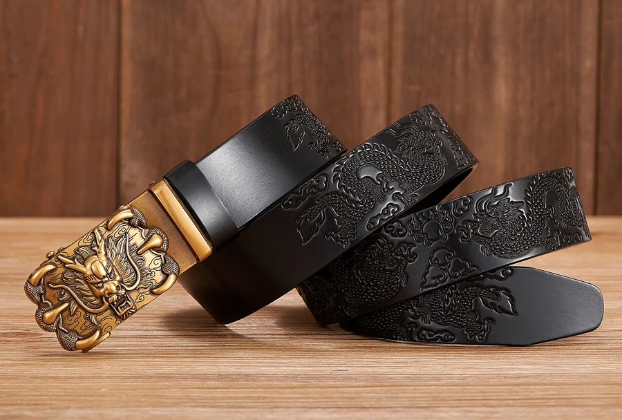 Male Genuine Leather Belts Casual Ratchet Belt with Automatic Buckle Luxury Design Dragon Pattern Belts for Business Men Strap