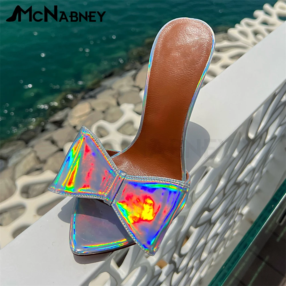 

Colorful Butterfly Knot Pvc Slippers Super High Heel 12 Cm Pointed Toe Summer Shoes Luxurious Style Fashion Sexy Ladies Sandals