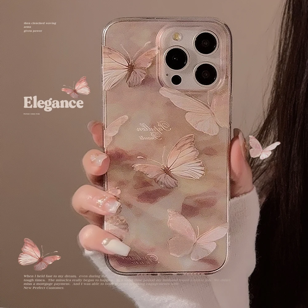 Ins Halo Staining Dream Golden Butterfly English Letter Clear Case for iPhone 15 14 13 Pro Max 12 Pro Plus 11 Cover