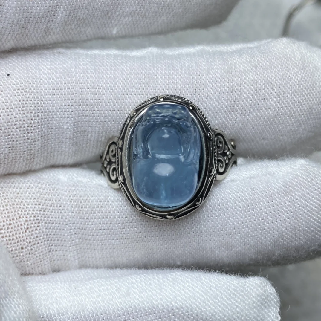 

1Pcs/Lot Natural Aquamarine Pixiu Mythical Beast Ring Adjustable Size 925 Silver Birthstone Woman Jewelry Anillos Mujer Bague