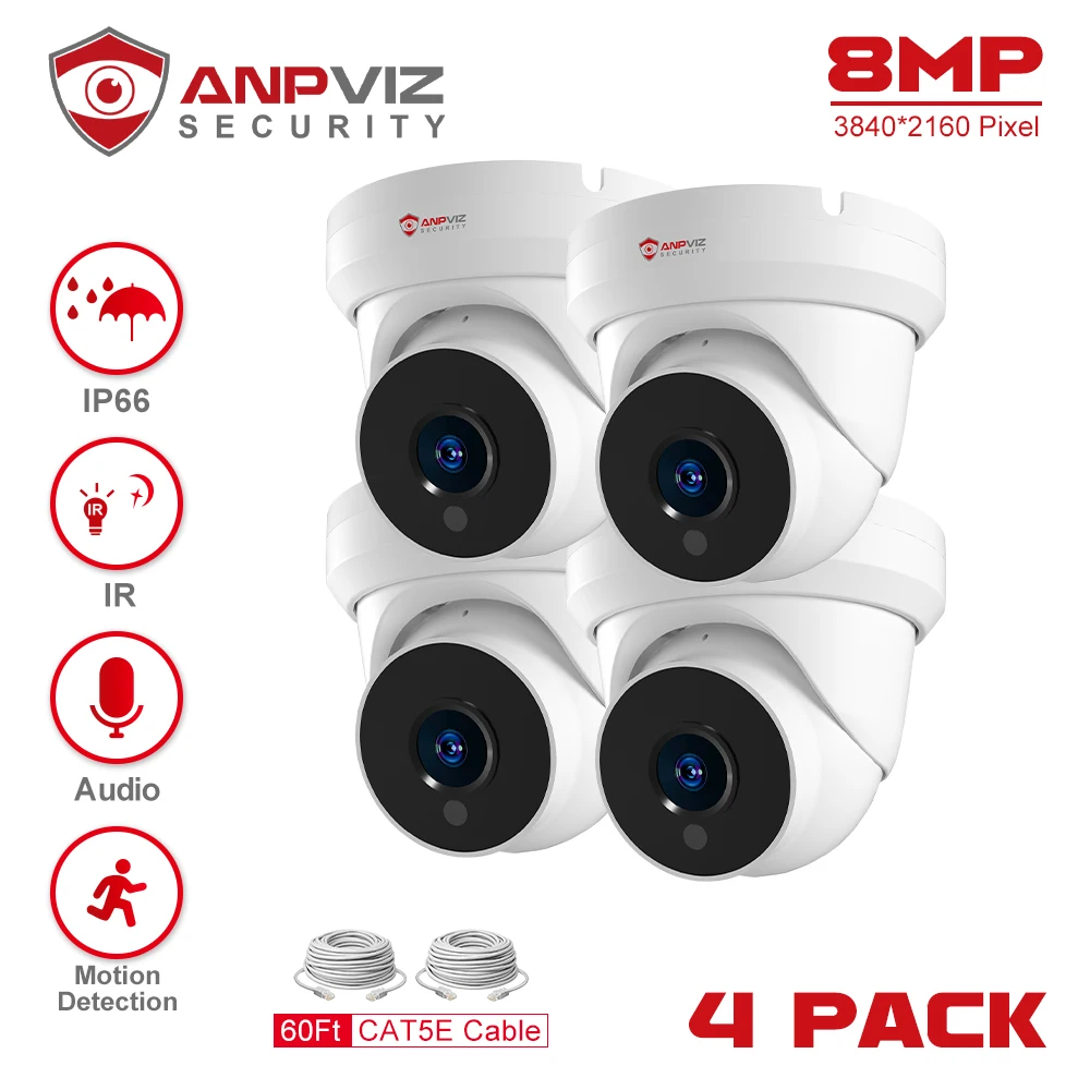 Anpviz 8MP POE IP Camera 4PCS Outdoor Security  Video Surveillance Turret Camera Motion Detection P2P View Danale Built-in Mic