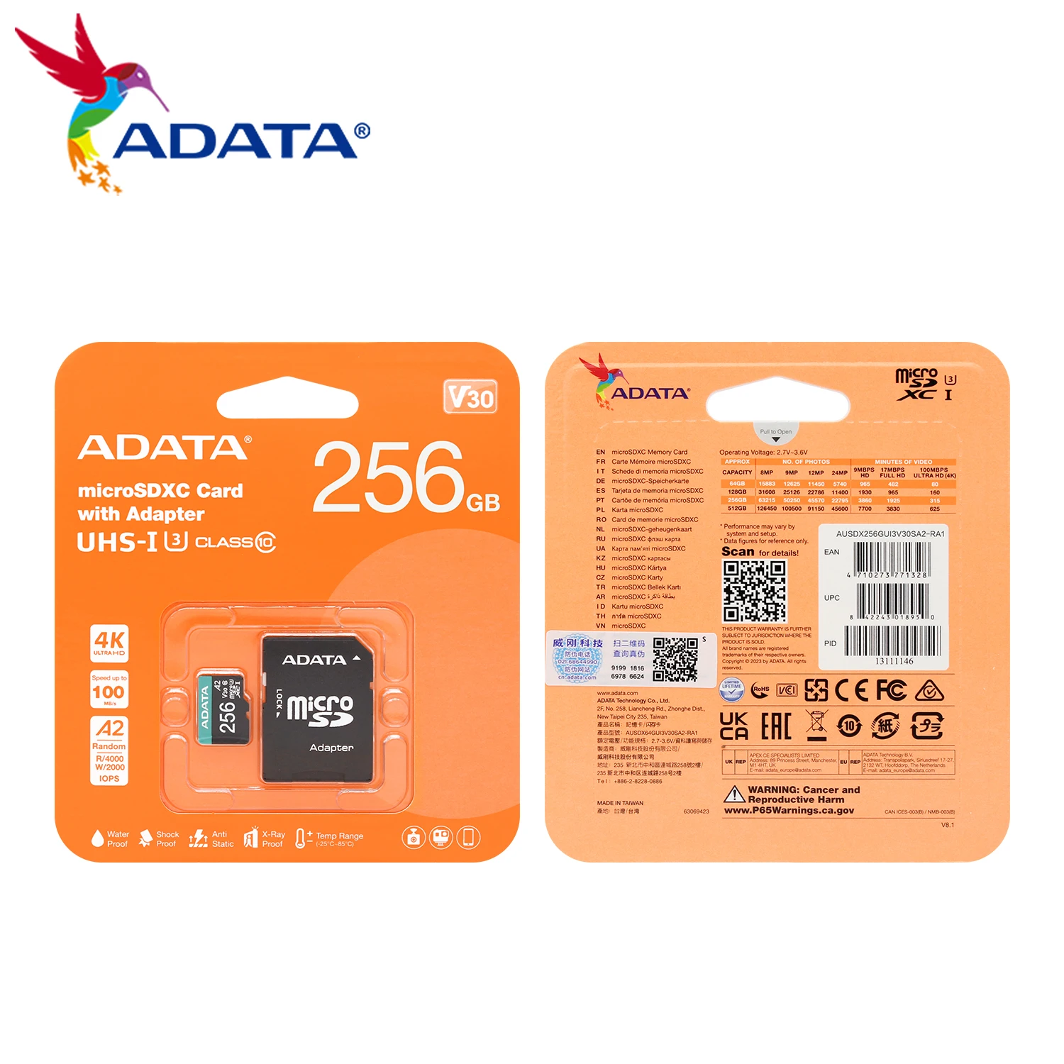 ADATA A2 V30 ũ SDXC ī, U3 C10,  ޸ ī, 64GB, 128GB, 256GB, 512GB, 1TB ũ SD ī, ִ 100 Mb/s, TF ī