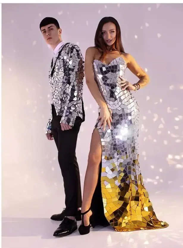 Celebrate Silver Mirror Jacket Glass Man Performance Costume Shiny Mirror Diamond Suit Coat Star Blazers