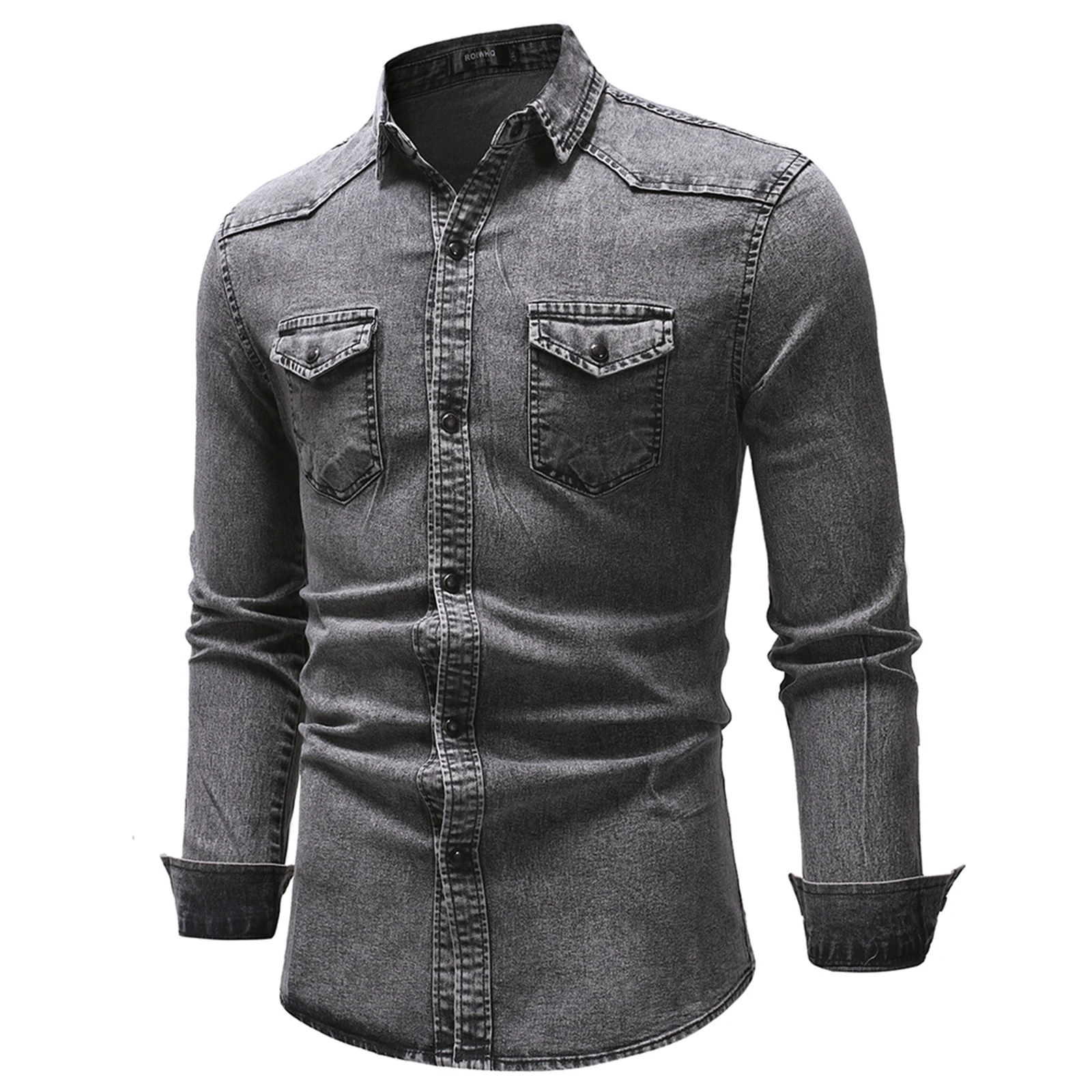 Men Spring Autumn Casual Shirts Solid Color Long Sleeve Lapel Denim Tops Button Shirts for Party denim shirt long sleeved shirt