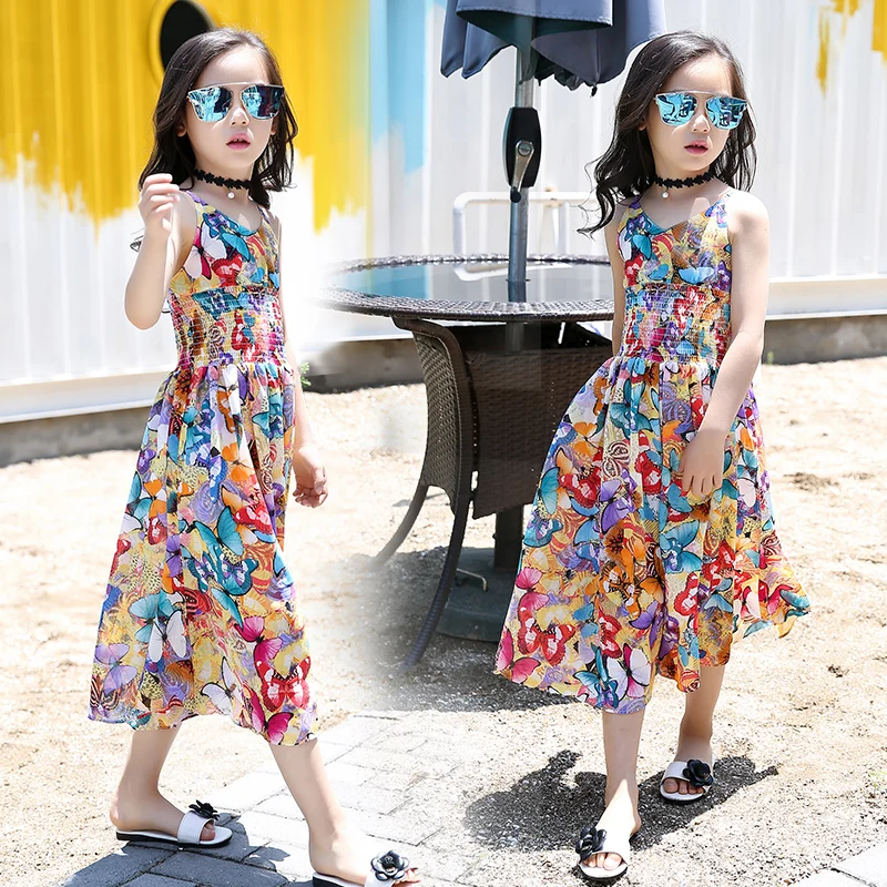 Girls Flower Bohemian Summer Dress ChildKids Girl Beach Dresses Chiffon Dresses Floral Teenager Girl's Clothes 6 8 10 12 14 Year