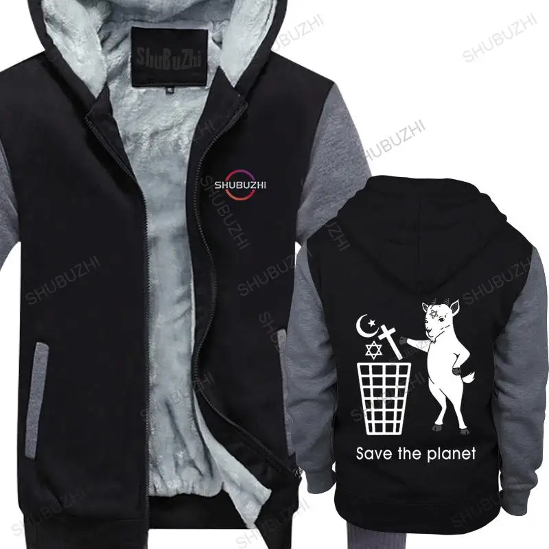 Felpa Con Cappuccio In Pile Allentata Casual Da Uomo Goat Satan Save The Plane Jacket Zipper Maschile Brand Men Winter Cotton Felpa Cappotto Spesso Da