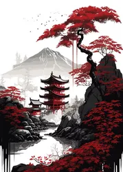 Japanese Mountain Temple Canvas Art - Vintage Red & Black Ink Landscape Wall Decor - 50x70cm No Frame (S)