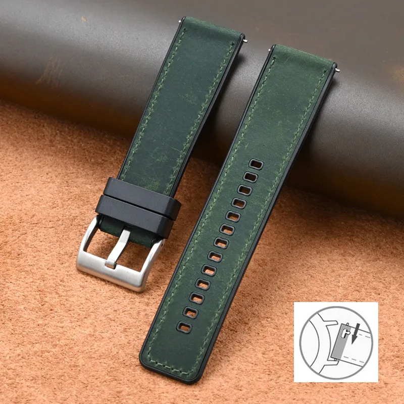 Vintage Crazy Horse Leather & Rubber Waterproof Quick Release Strap - Universal Retro Watch Band