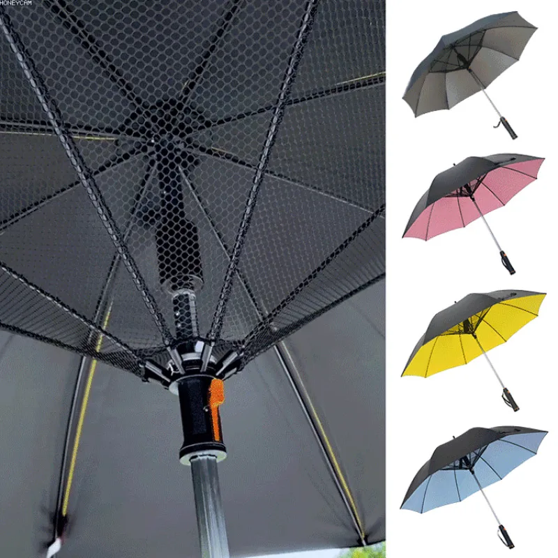 Parapluie rafraîchissant avec ventilateur et protection UV double usage soleil pluie pêche extérieur