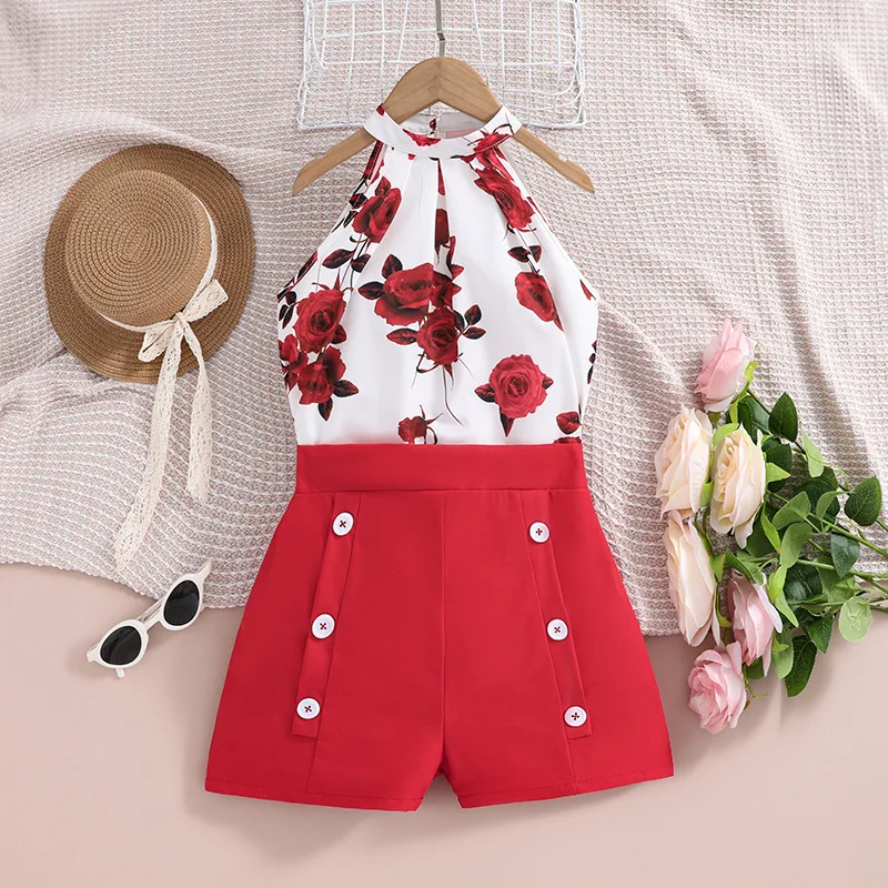 XUANMU 2pcs Toddler Girls Floral Halter Top & Button Detail Shorts Set Kids Summer Clothes X029A_viptrois.com