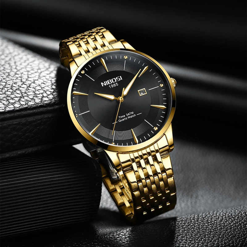 NIBOSI Mens Watches Top Brand Luxury Gold Black Quartz Watch for Men Stainless Steel Waterproof Date Business Men Wristwatches