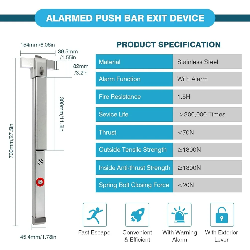 Heavy-Duty IRONWALLS Alarm Panic Bar with Exterior Lever and Automatic Door Closer, Adjustable Speed 1-6